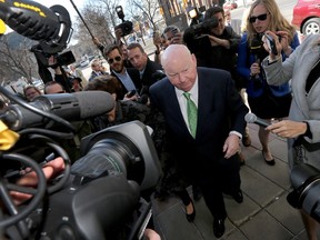 Ottawa Senator Mike Duffy arrives at the Ottawa court house in Ottawa Thursday April 21, 2016. Duffy's verdict will be announced at the court house  Thursday.