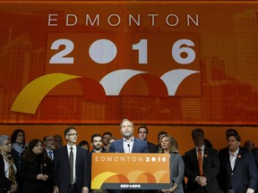 Federal NDP leader Thomas Mulcair (centre) gives a concession speech after the party voted for a leadership review during the Edmonton 2016 NDP national convention at Shaw Conference Centre in Edmonton, Alta., on Sunday April 10, 2016. Photo by Ian Kucerak ORG XMIT: POS1604101441227816
