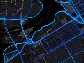 A sample 'heat map' generated by Slava Metro from GPS units of cyclists, tracking each trip they make so you you see where travel more and where they go less often.
