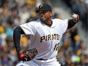 Pittsburgh Pirates starting pitcher Francisco Liriano delivers during the first inning of an opening day baseball game against the St. Louis Cardinals in Pittsburgh, Sunday, April 3, 2016.