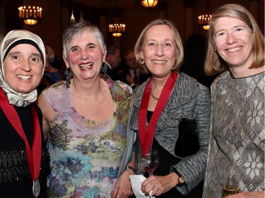 From left, author Monia Mazigh with Barbara Uteck, author Elizabeth Hay and history professor Susan Whitney at the Politics and Pen dinner held at the Fairmont Chateau Laurier on Wednesday, April 20, 2016, in support of The Writers' Trust of Canada.