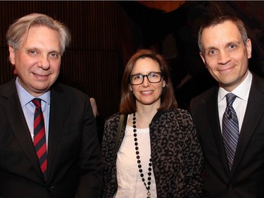 From left, Mark Kristmanson, CEO of the National Capital Commission, with Ginny Sutcliffe and Mark Sutcliffe at the National Arts Centre on Tuesday, April 19, 2016, for the launch of Gov. Gen. David Johnston's new book, The Idea of Canada: Letters to a Nation, as part of the Ottawa International Writers Festival. (Caroline Phillips / Ottawa Citizen)