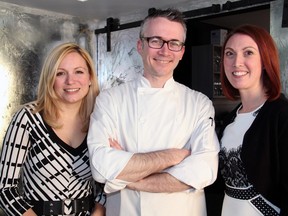 From left, Thirteen Strings Chamber Orchestra board president Mélanie Vadeboncoeur with Atelier chef and owner Marc Lepine and Thirteen Strings board member Lauren Hayes-Van den Weghe at the Black and White Soirée held at Atelier on Tuesday, April 5, 2016.