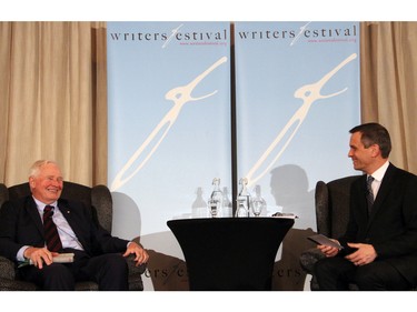 Governor General David Johnston discusses his new book, The Idea of Canada: Letters to a Nation, with host Mark Sutcliffe at the National Arts Centre's Panorama Room on Tuesday, April 19, 2016, as part of the Ottawa International Writers Festival. (Caroline Phillips / Ottawa Citizen)