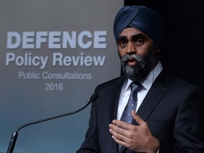 Defence Minister Harjit Sajjan holds a press conference at National Defence Headquarters in Ottawa on Wednesday, April 6, 2016, to discuss public consultations on Canada's defence policy.