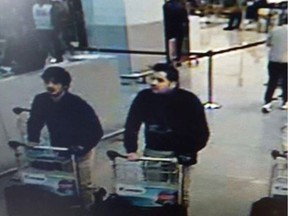 This image provided by the Belgian Federal Police in Brussels on March 22 is of the men suspected of taking part in the attacks at Belgium's Zaventem Airport.