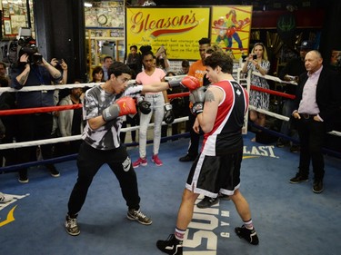 Prime Minister Justin Trudeau spars with Justin, 15.