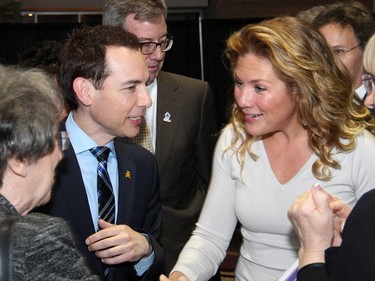 Keynote speaker Sophie Grégoire-Trudeau, seen being introduced to Yolaine Munter by her son, Alex Munter, stuck around to mix and mingle during the 20th anniverary celebration and fundraiser for Debra Dynes Family House, held at Ottawa City Hall on Wednesday, April 6, 2016
