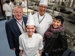 From left, Wes Wilkinson, Algonquin indigenous cook pre-apprenticeship program academic manager, student Kate Bousca, Algonquin chef and professor Jerome Brasser, and Algonquin alumni and owner of Wawatay Catering Cezin Nottaway in one of the school's kitchens.