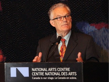Neil Wilson, founder of the Ottawa International Writers Festival, welcomes guests to a reception held Tuesday, April 19, 2016, to celebrate Gov. Gen. David Johnston's new book, which was launched that night at the National Arts Centre. (Caroline Phillips / Ottawa Citizen)