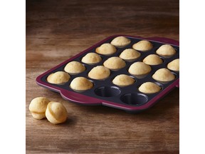 New mini muffin pan from Canadian company Trudeau offers the non-stick and easy release flexibility of silicone, but a steel rim keeps it from being floppy. Suggested retail price is $33.