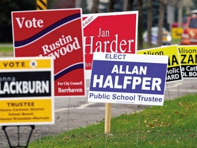 Municipal election signs along Longfields Drive in Ottawa. October 25,2010