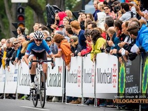 Ottawa cyclist Katherine Maine charges to the finish line and a surprising victory in the women's race at the Criterium National in Montreal.