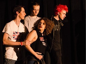 Greg, Terrell Matthews, Mackenzie, Tom played by, Aaron Head, Patrick Hessian, Darcey Pearson, Jordan Mason during Sir Wilfrid Laurier Secondary School Cappies production of The End of The World (With Prom To Follow) held on April 21, 2016 at Sir Wilfrid Laurier Secondary School.