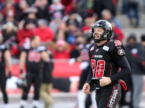 Ottawa RedBlacks kicker Chris Milo is shown during the first-half of the CFL East Final against the Hamilton Tiger-Cats at TD Place on Sunday, Nov. 22, 2015.