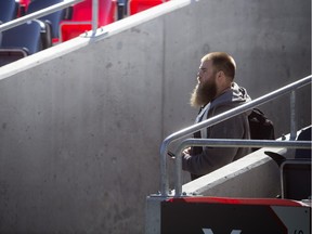 Ottawa Redblacks offensive linemen Jon Gott  takes a look at the players taking part in the open tryouts at TD Place Saturday, April 23, 2016.