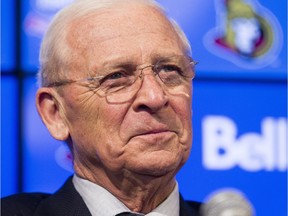 Ottawa Senators' Bryan Murray looks on at a press conference where he announced he's stepping down as general manager of the team but staying on as senior hockey advisor at the Canadian Tire Centre Sunday, April 10, 2016.
