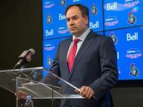 Ottawa Senators general manager Pierre Dorion holds a press conference on the day he dismissed the coaching staff.