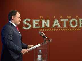 Ottawa Senators general manager Pierre Dorion holds a press conference on the day he dismissed the coaching staff.