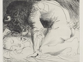 Pablo Picasso's Minotaur Kneeling over Sleeping Girl, is part of an exhibit of etchings, last seen in  the 1950s. It closes Sept. 5.