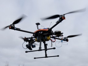 UAV operator and paramedic James Power flies a drone in Renfrew Ontario, April 12, 2016.