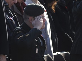 EnglishAnglais-44
SU2007-0542
November 11, 2007 
Ottawa, Ontario 

Master Corporal Paul Franklin,1 Field Ambulance, 3rd Battalion, Princess Patricia's Canadian Light Infantry, salutes during Remembrance Day Ceremonies a the NAtional War Memorial in Ottawa. 

Prime Minister Steven Harper, Governor General Michaelle Jean, Canadian Forces Chief of Defence Staff Rick Hillier and Silver Cross Mother Wilhelmina Beerenfenger-Koehler, were the dignitaries that attended Remembrance Day Ceremonies at the National War Memorial in Ottawa, Sunday. Approximately 30,000 people were also present at the memorial to watch the ceremony. 

Photo by Master Corporal David McCord, CFSU(O)
© 2007 DND-MDN Canada

Français/French
SU2007-0542-44
11 novembre 2007 
Ottawa, Ontario 

Le Caporal-chef Paul Franklin, de la 1re Ambulance de campagne du 3e Bataillon, Princess Patricia's Canadian Light Infantry, donne le salut dans le cadre des cérémonies du jour du Souvenir au Monument commémoratif de guerre à Ottawa. 

Le premier