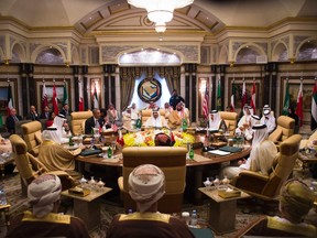 A picture taken on April 21, 2016 shows US President Barack Obama (C-L) attending a meeting with Saudi King Salman (C) and Saudi Defence Minister and Deputy Crown Prince Mohammed bin Salman (C-R) during the US-Gulf Cooperation Council Summit in Riyadh, on April 21, 2016. During a meeting with Gulf leaders in Saudi Arabia Obama said that "No country has an interest in 'conflict' with Iran".     /
