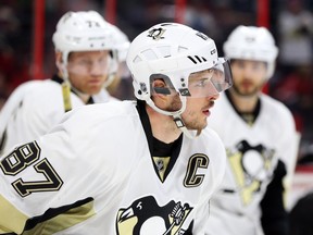 Sidney Crosby of the Pittsburgh Penguins celebrates his goal against the Ottawa Senators during second period of NHL action at Canadian Tire Centre in Ottawa, April 05, 2016.