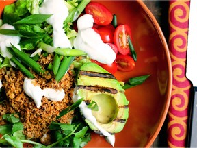 South of the Border Bowl with Walnut Meat and Grilled Avocado, from Whole Bowls, by Allison Day.