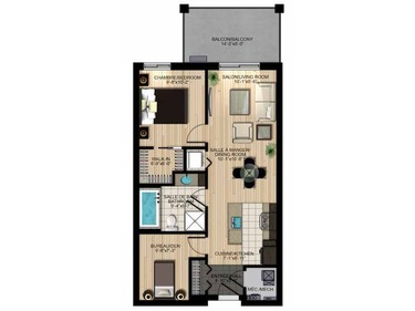 The one-bedroom model is 735 square feet and includes a den that could be used as a guest room.