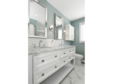 2nd place, bathroom, classic/traditional, $10,000-$24,999: White ties the elements together in this children’s bathroom by Shannon Callaghan of Copperstone Kitchens where a design that was both pretty and affordable was key.