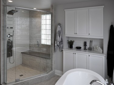 1st place, bathroom, classic/traditional, $10,000-$24,999: The vanity and the shower were switched in this ensuite renovation by Tim Rutherford, Elliott Renovation Inc.