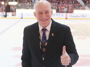 Stuntman Stu gives a thumbs up for his return to announce the game opposing the Florida Panthers against the Ottawa Senators during at Canadian Tire in Ottawa, April 07, 2016.