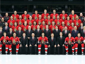 Team picture of the Ottawa Senators prior to the morning practice at Canadian Tire Centre in Ottawa, April 06, 2016.   Photo by Jean Levac