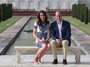 Prince William, Duke of Cambridge and Catherine, Duchess of Cambridge sit in front of the Taj Mahal during day seven of the royal tour of India and Bhutan on April 16, 2016 in Agra, India. This is the last engagement of the Royal couple after a week long visit to India and Bhutan that has taken them in cities such as Mumbai, Delhi, Kaziranga, Thimphu and Agra.