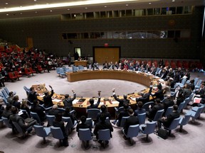 The United Nations Security Council votes during a meeting on North Korea, Thursday, March 24, 2016 at United Nations headquarters.