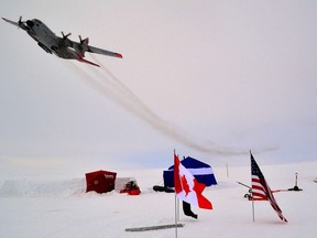 An LC-130 belonging to the New York Air National Guard's 109th Airlift Wing flies over Ice Camp one on Sherard Osborne Island, Nunavut, during 2014 Operation Nunalivut training on April 15. The New York Air National Guard flies the only ski-equipped C-130 aircraft in the world and has supported the annual Canadian Forces exercise in 2014, 2015 and again in 2016.