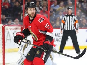 Zack Smith of the Ottawa Senators against the Pittsburgh Penguins during first period of NHL action at Canadian Tire Centre in Ottawa, April 05, 2016.