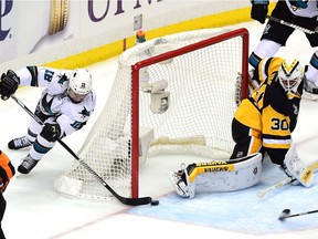 Patrick Marleau #12 of the San Jose Sharks scores a second period goal against Matt Murray of the Pittsburgh Penguins in Game One of the 2016 Stanley Cup Final.