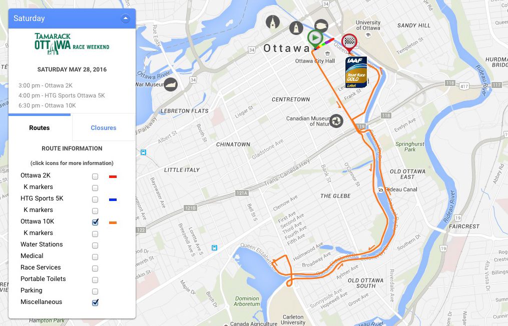 Saturday course maps, Ottawa Race Weekend 2016