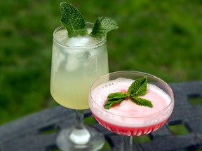 The Clover Club cocktail, foreground, and the Favorite Cocktail were created over a century ago when men weren't afraid to be seen with frilly drinks.