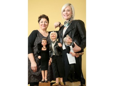 Artist Maria Saracino (left) has made statuettes of a number of people from Ottawa's fashion scene, including blogger, Katie Hession (right and her likeness, centre).  JULIE OLIVER