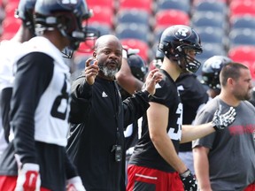 Bob Dyce, Special Teams Coordinator of the Ottawa Redblacks directs his portion of the practice during training camp at TD Place in Ottawa, May 30, 2016.