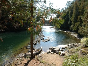 The tranquil view from the covered gazebo while daytripping to Chutes Rouges in the Outaouais. (Benita Baker)