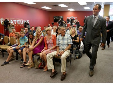 Ottawa Senator Chris Phillips arrives at a press conference at Canadian Tire Centre in Ottawa Thursday May 26, 2016.