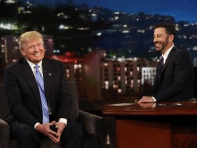 Republican presidential candidate, Donald Trump, left, talks with host Jimmy Kimmel during a taping of the ABC television show, Jimmy Kimmel Live!.