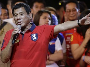 Rodrigo Duterte speaks during his final campaign rally in Manila, Philippines, last month.
