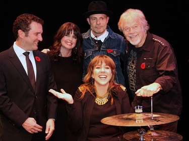 From left, emcee Rick Mercer and event chair Heidi Bonnell with Canadian musicians Gord Downie, Serena Ryder and Randy Bachman at the Hope Live benefit in 2013, at the Great Canadian Theatre Company.