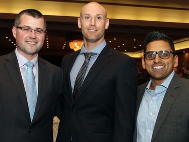 From left, lawyer Greg Gilhooly (McNally Gervan LLP) with Pat Fleming (Fleming Fitness) and Vik Dhawan (Apollo Physical Therapy Centre) at the 17th annual Spring into Motion charity auction and dinner held at the St. Elias Centre on Wednesday, May 18, 2016, in support of The Rehabilitation Centre Volunteer Association.