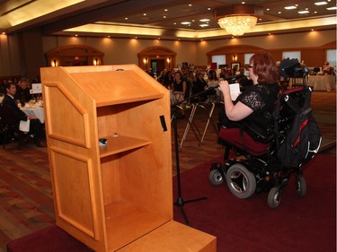 Guest speaker and double amputee Karen Toop, former patient of The Ottawa Hospital Rehabilitation Centre, shared her story of surviving a life-changing accident with attendees of the 17th annual Spring Into Motion charity auction and dinner held at the St. Elias Centre on Wednesday, May 18, 2016.